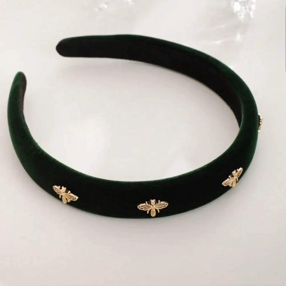Elegant Green Velvet Headband with Gold‎ Bee Accents